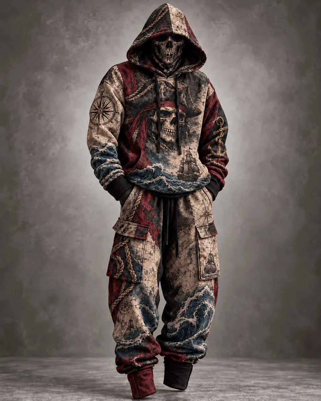 🏴‍☠️ Vintage Skull Pirate & Nautical Map Printed Hoodie Tracksuit Set