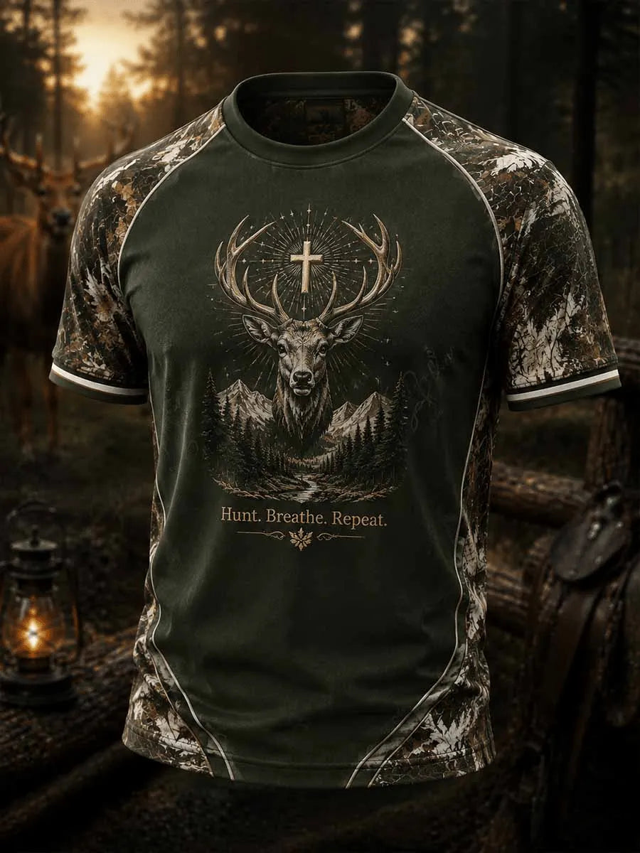 Men's Vintage Traditional Reindeer Pattern Print Short-Sleeve T-Shirt