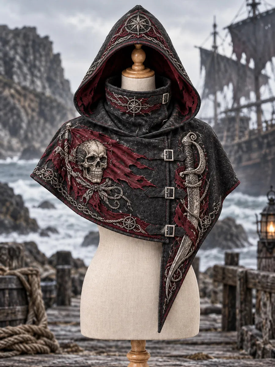 ⚔️ Black Flag Reaper Hooded Cape – Skull Banner & Pirate Cutlass Dark Gothic Cloak