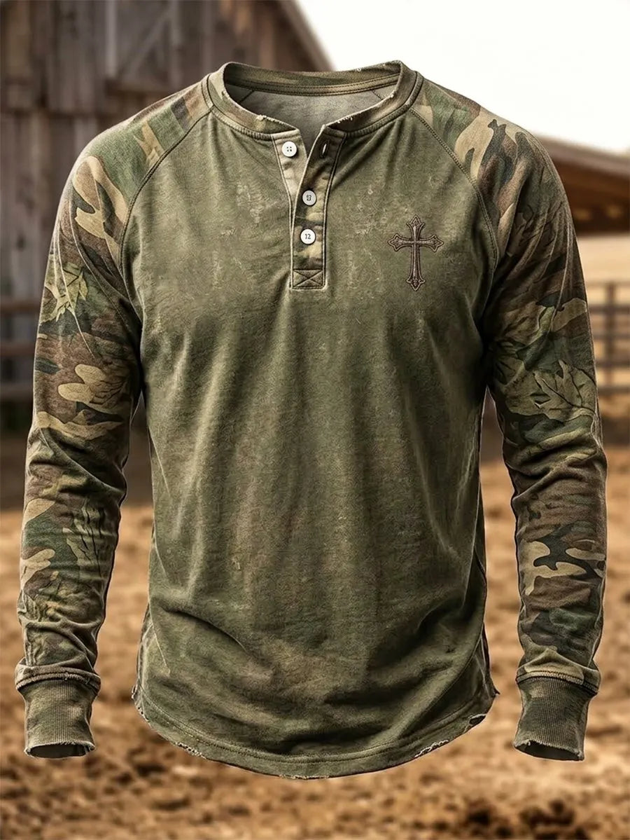 Men's Vintage Western Faith Camo Print Long-Sleeve T-Shirt