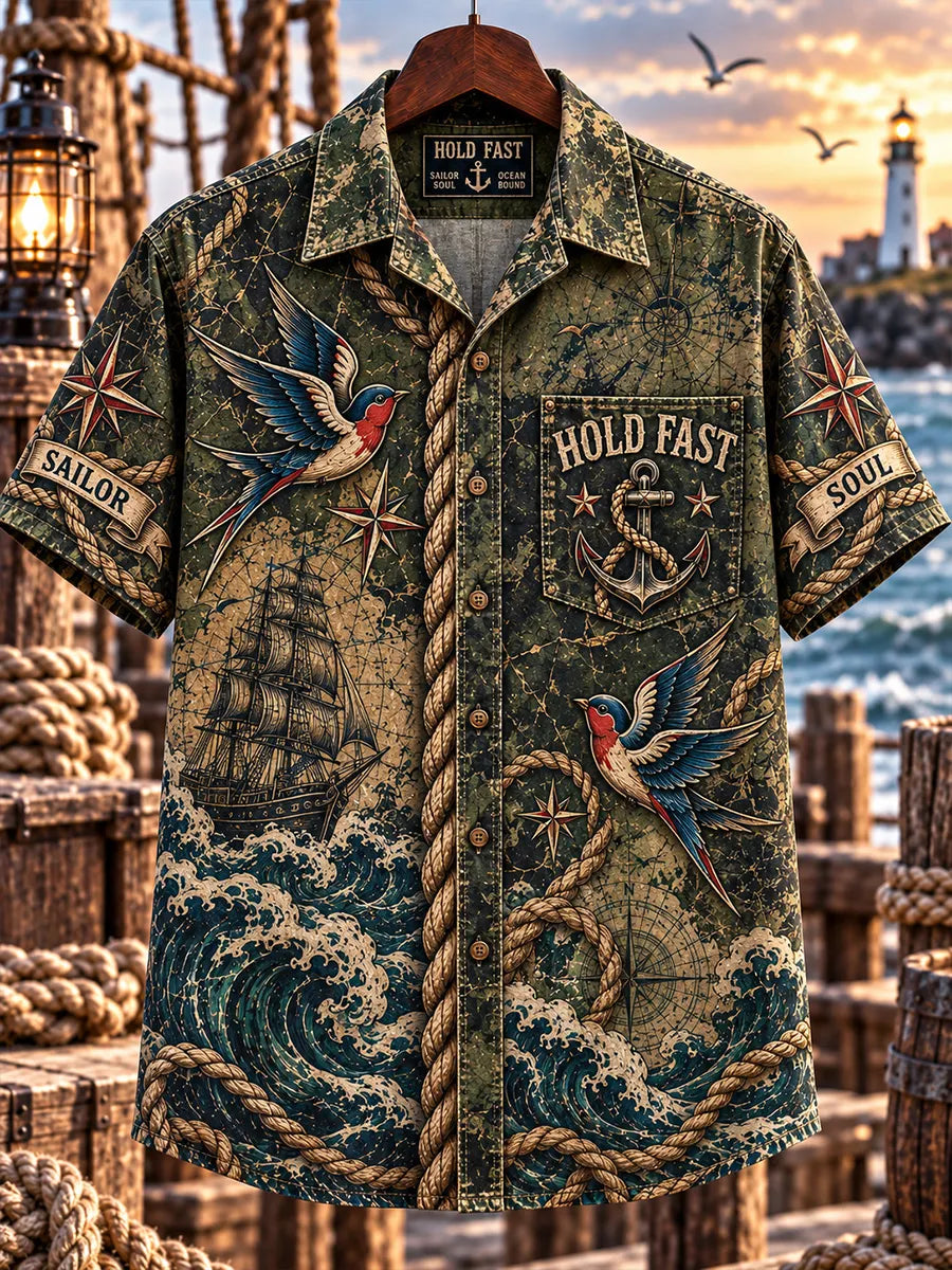 ⚓ HOLD FAST Sailor Soul Men's Vintage Tattoo Graphic Hawaiian Shirt