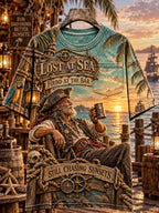 Men’s Lost at Sea Found at the Bar Sunset Pirate Graphic Pocket T-Shirt