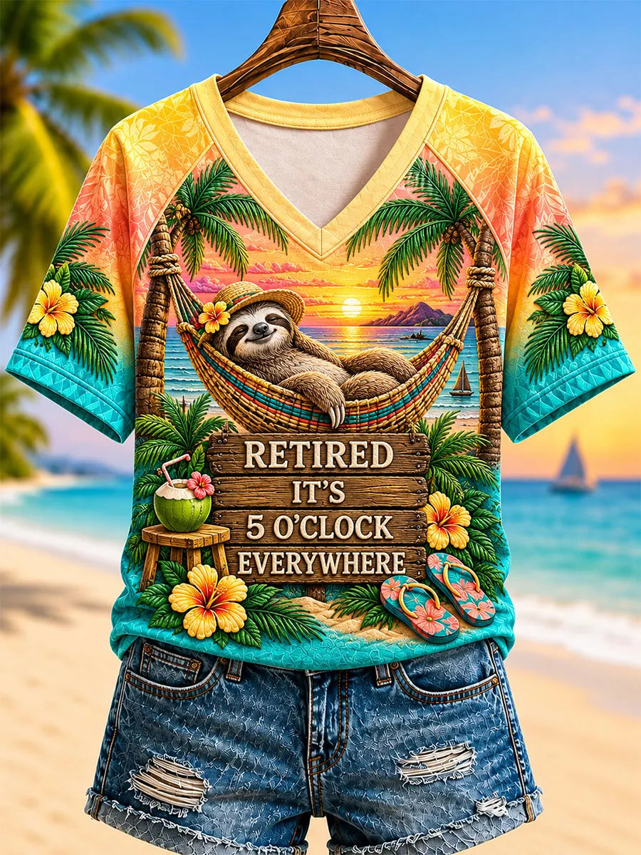 Women’s Retired Hammock Sloth Graphic V-Neck T-Shirt