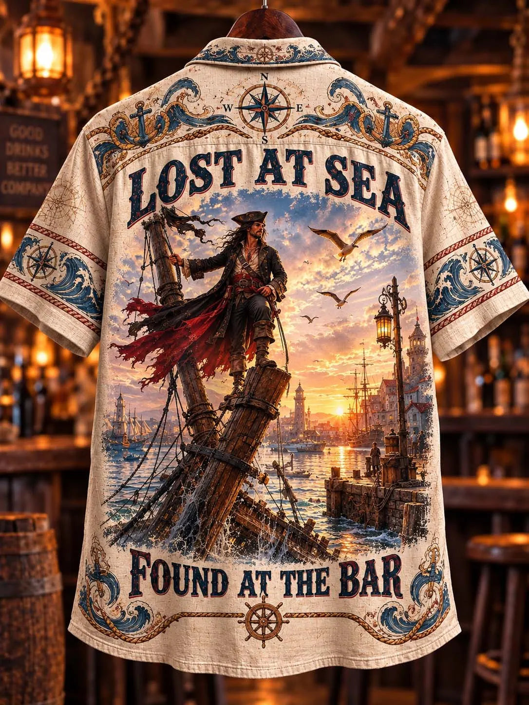 Lost At Sea Found At The Bar Pirate Captain Sunset Hawaiian Shirt ⚓️
