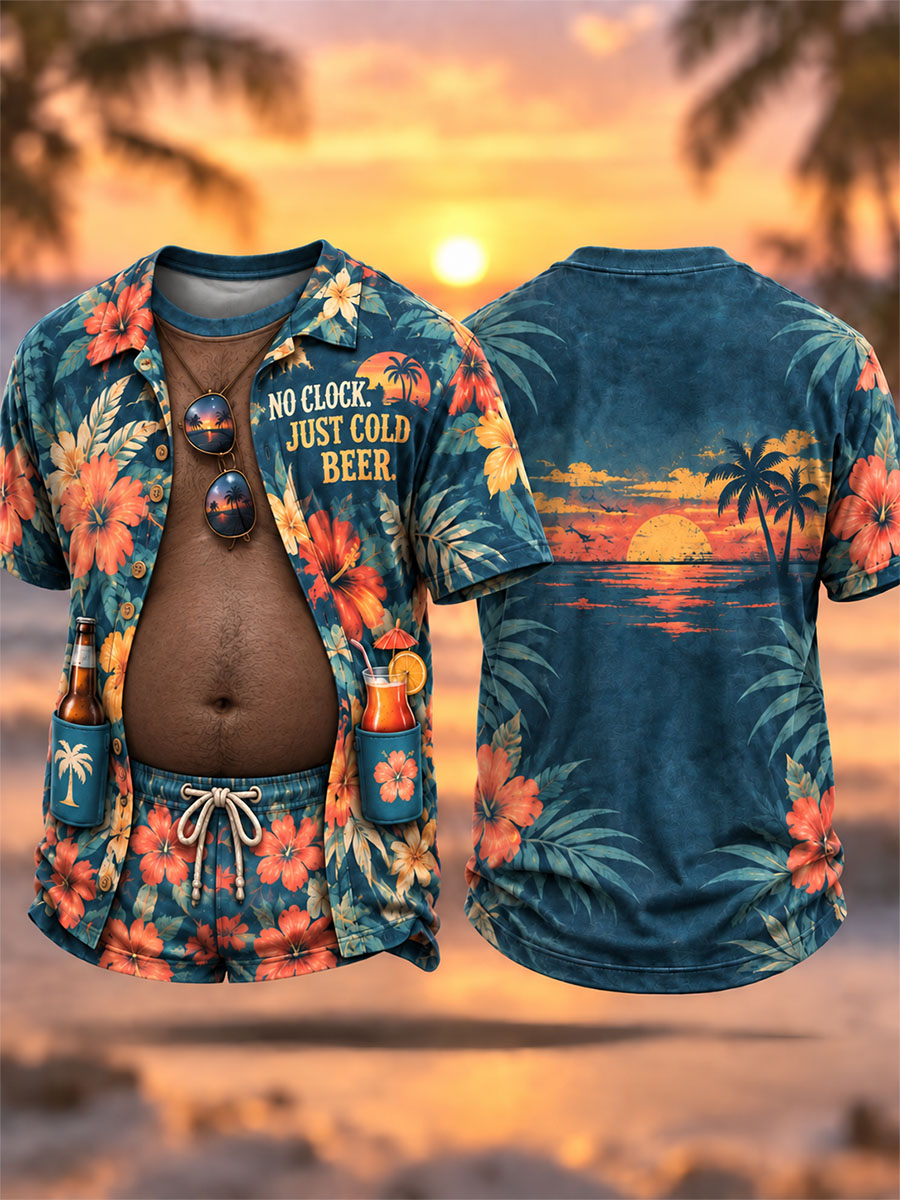 Men’s No Clock, Just Cold Beer Tropical Vacation Illusion Shirt