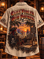 ⛵ 🥃 Sails Furled Rum Poured ☠️ Pirate Sunset Ocean Deck Vintage Hawaiian Shirt
