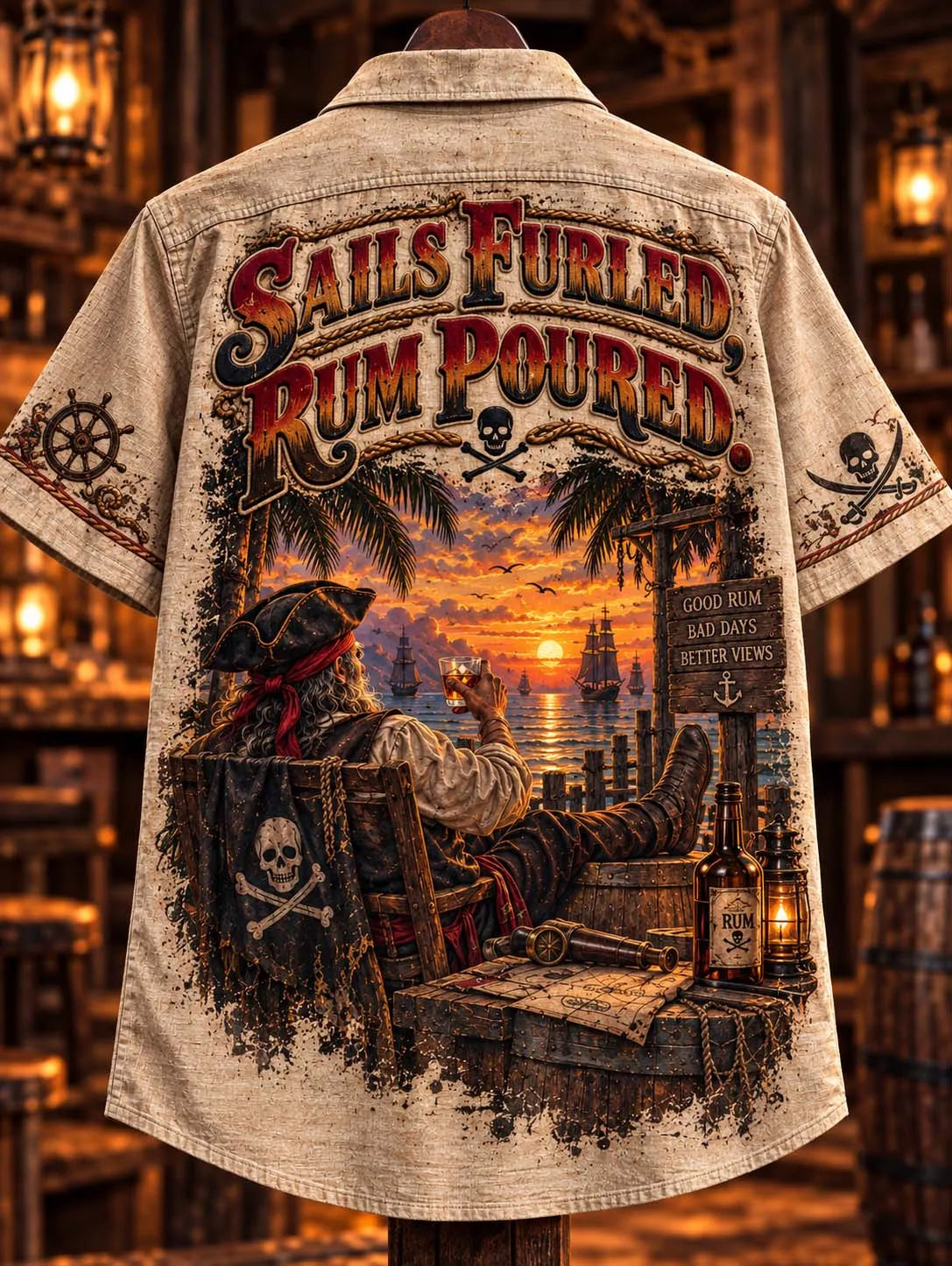 ⛵ 🥃 Sails Furled Rum Poured ☠️ Pirate Sunset Ocean Deck Vintage Hawaiian Shirt