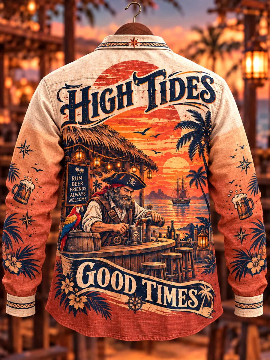 Men's Vintage Pirate Tavern Sunset Print Long Sleeve Shirt