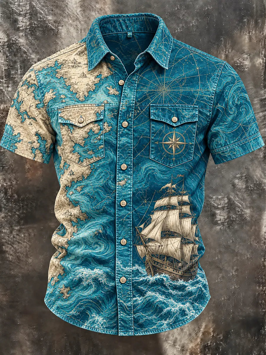 🏴‍☠️"Golden Horizon" Tall Ship & Compass Denim Shirt🌊
