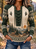 Women's Vintage Woodland Deer Stitch-Detail Sweatshirt