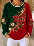 ⭐ "Festive Poinsettia & Golden Snowflakes" Green & Red Colorblock Waffle Knit Sweatshirt