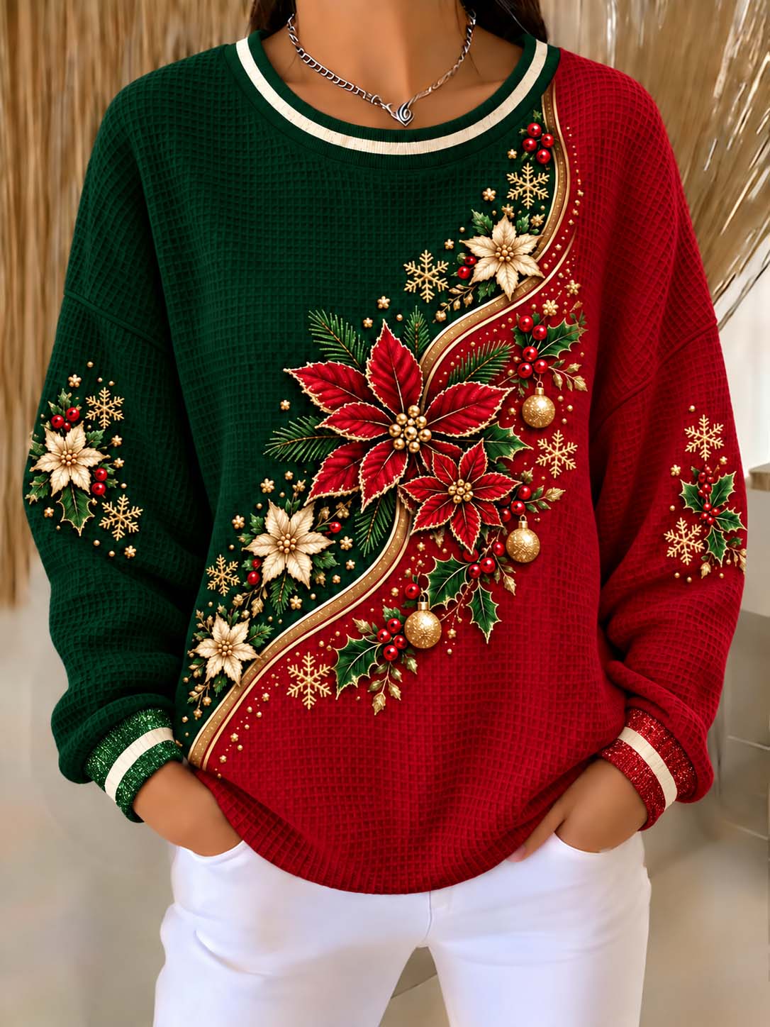 ⭐ "Festive Poinsettia & Golden Snowflakes" Green & Red Colorblock Waffle Knit Sweatshirt