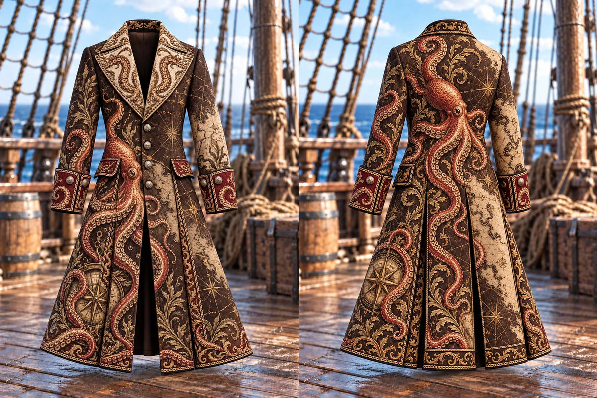 🐙 Vintage Nautical Map & Kraken Octopus Trench Coat