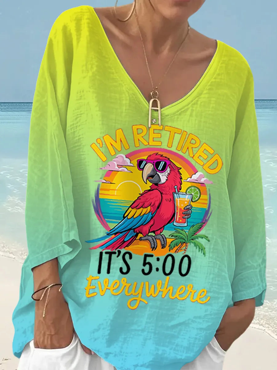 Women's I'm Retired It's 5 O'clock Everywhere Parrot Print Casual Top