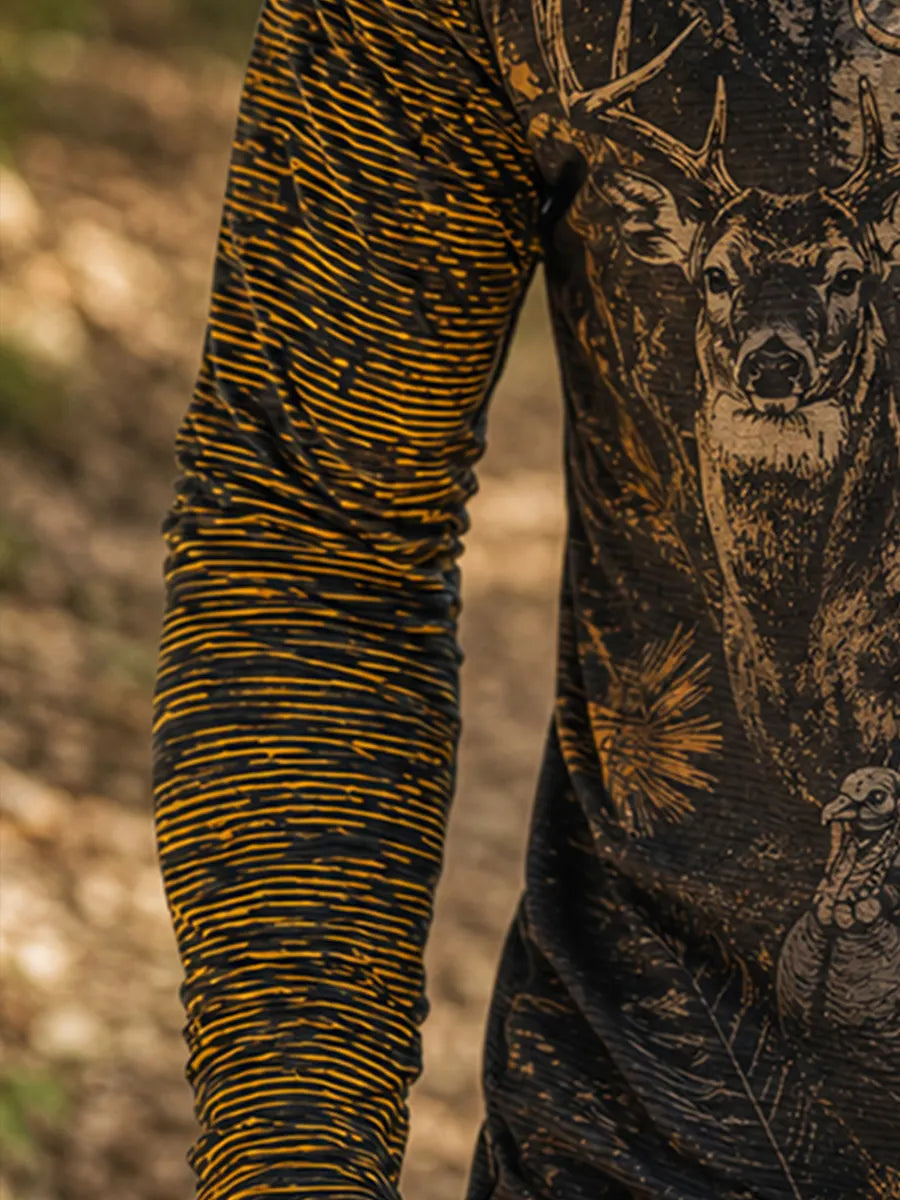 Men's Raglan Sleeve Finger Gloves Face Mask Vintage Hunting Buck Wildlife Wilderness Print Sun Protection Clothing