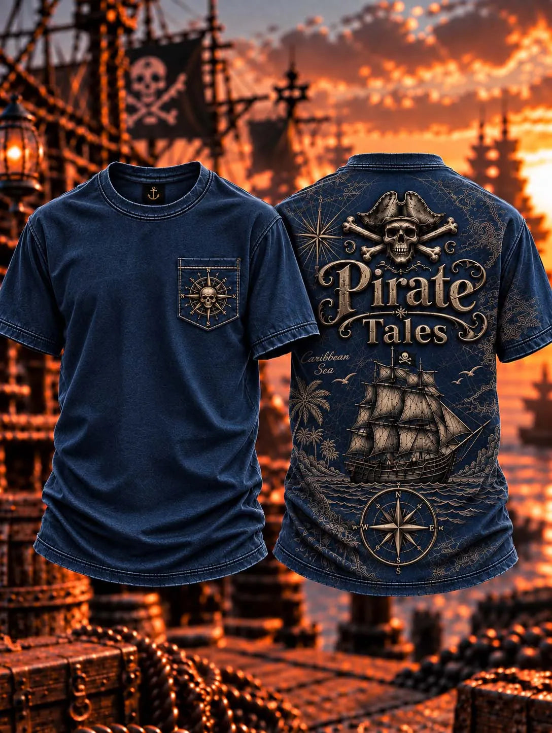 🏴‍☠️ Vintage Pirate Tales Graphic Denim T-Shirt