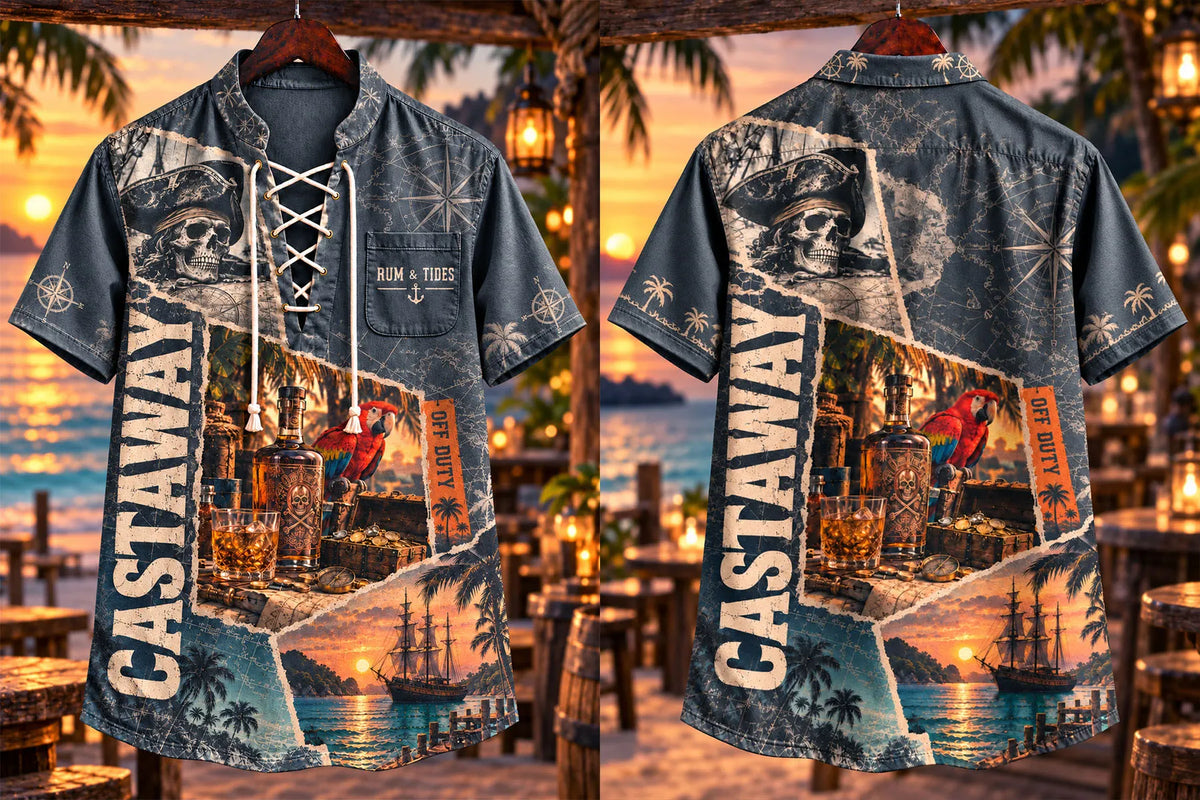 Pirate Nautical Collage Lace-Up Short Sleeve Shirt