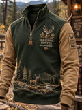 Men's Retro Deer Hunting Print Casual Zip-Up Sweatshirt