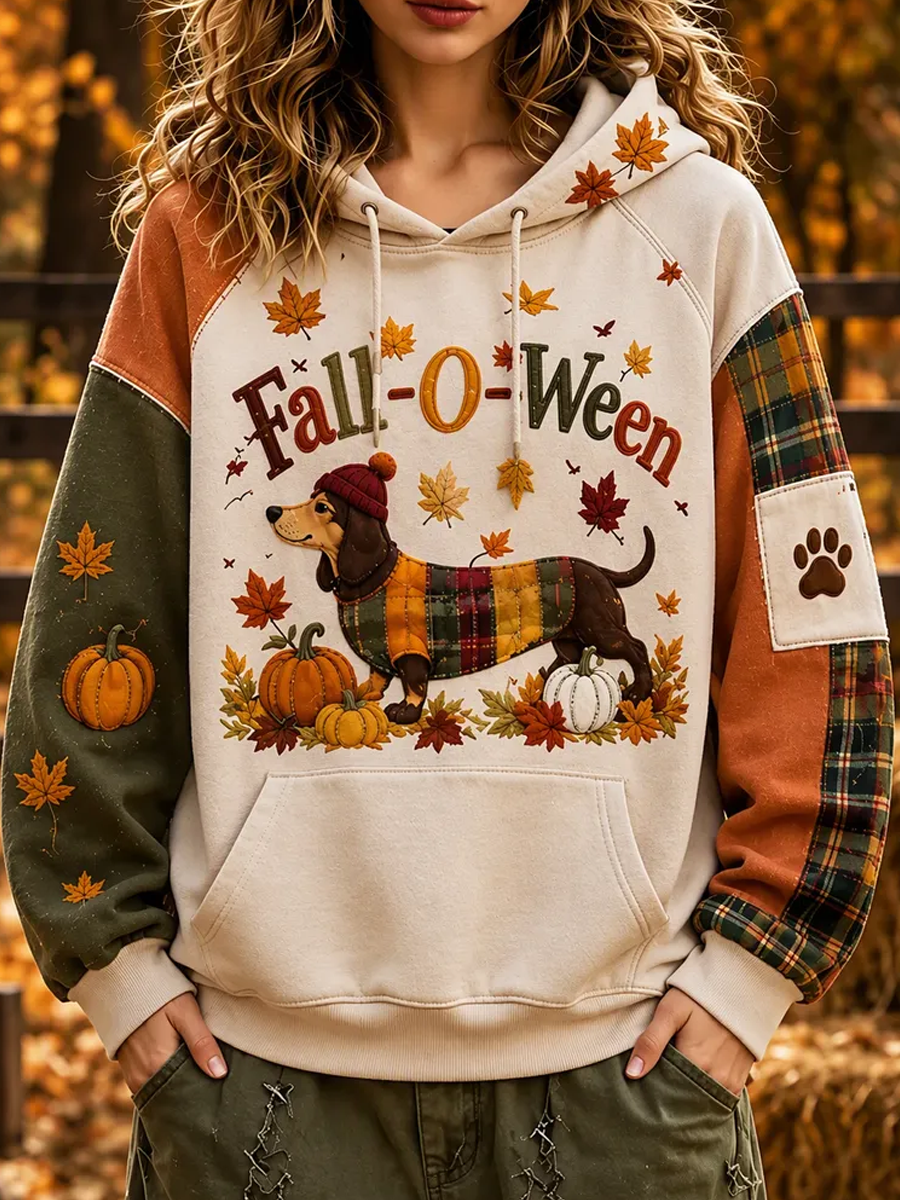 Women's Patchwork Fall-O-Ween Dachshund Pumpkin Maple Leaf Print Pocket Hoodie