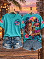 Women’s Captain of Bad Beach Decisions Neon-Style Pirate Graphic V-Neck T-Shirt
