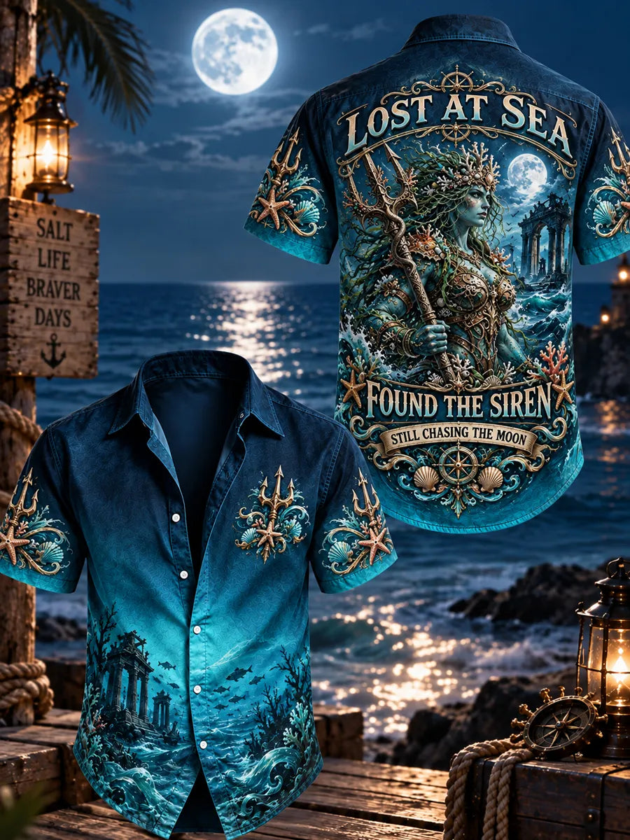 Men’s Vintage “LOST AT SEA · FOUND THE SIREN” Printed Short Sleeve Shirt