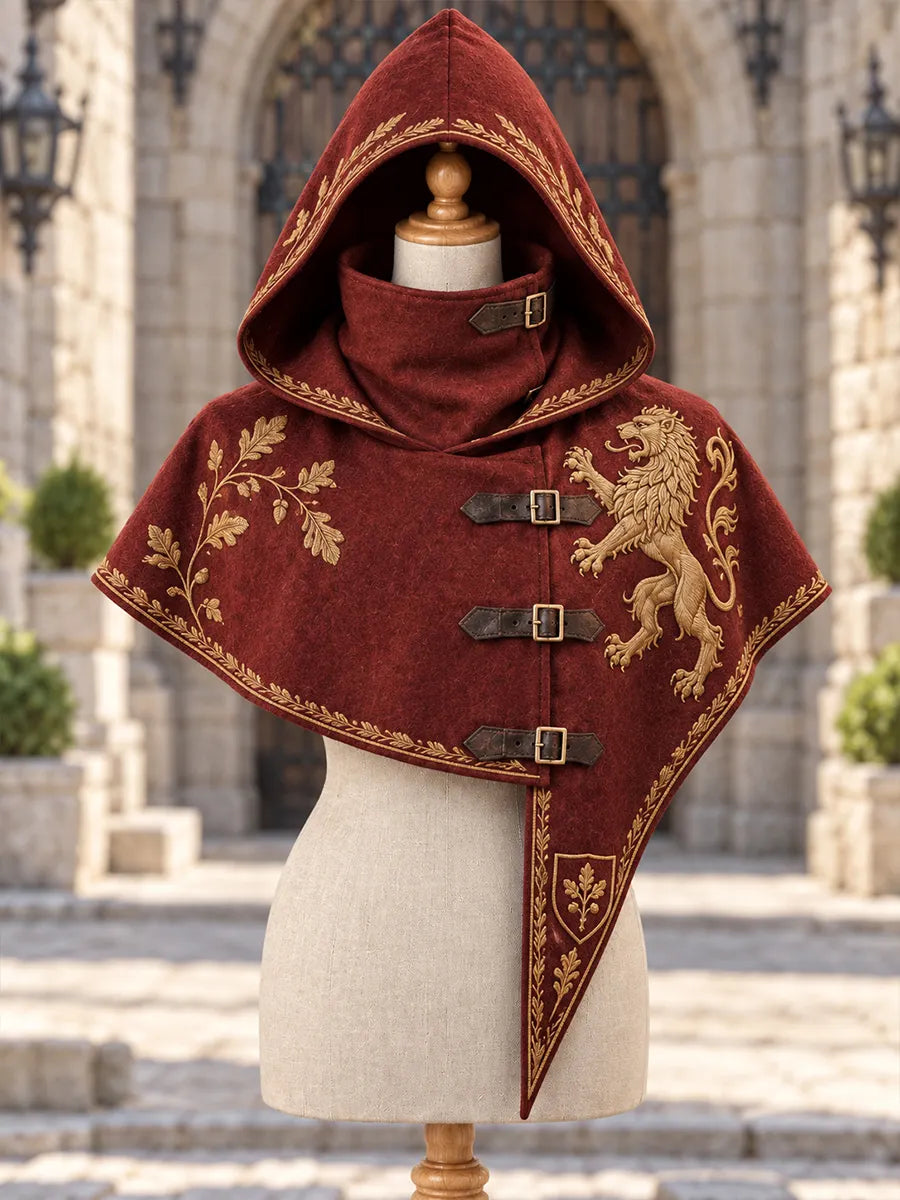🦁 Crimson Lionheart Hooded Cape – Burgundy Red & Gold Heraldic Lion Medieval Royal Cloak