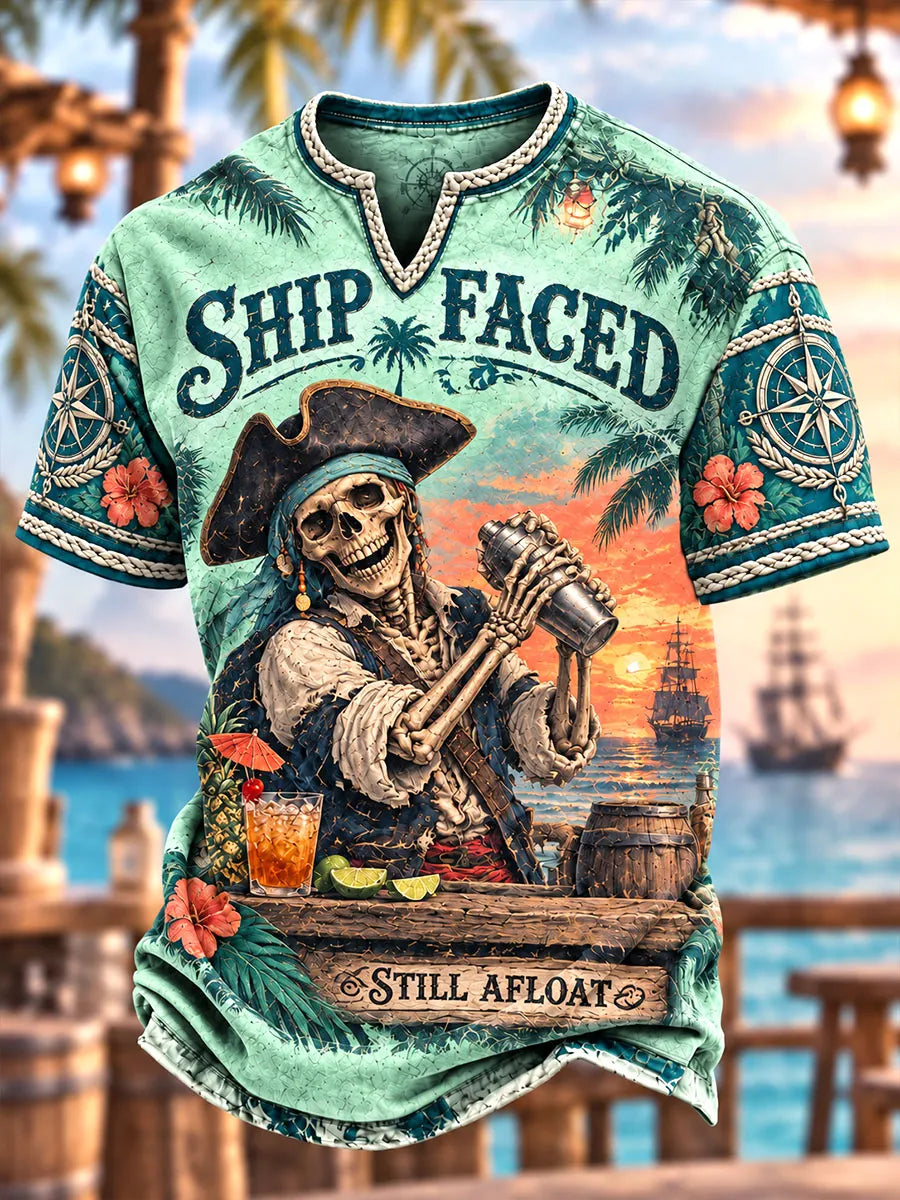 Ship Faced Still Afloat Pirate Skeleton Tropical Cocktail T-Shirt