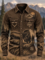 Vintage Hunting Culture Print Long Sleeve Button-Front Shirt