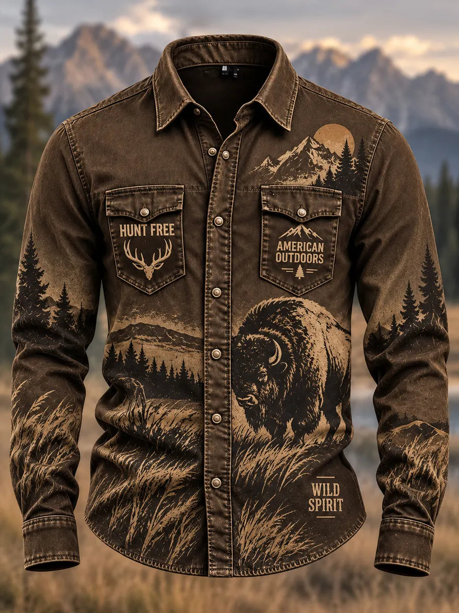 Vintage Hunting Culture Print Long Sleeve Button-Front Shirt