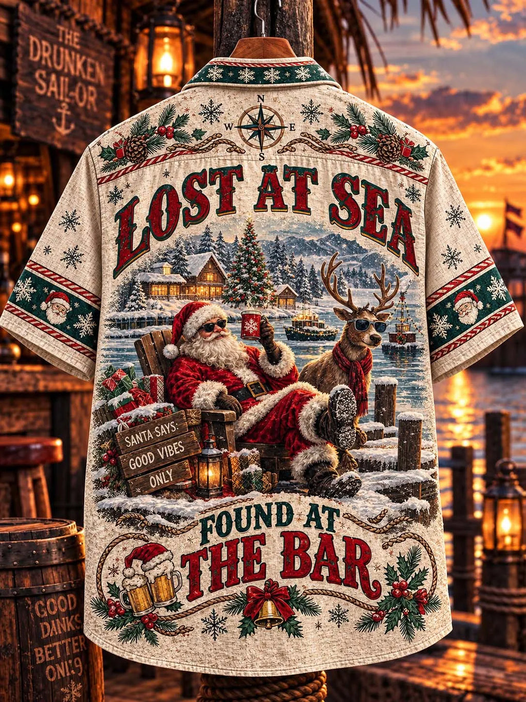Santa and Reindeer Relaxing with Beer Christmas Hawaiian Shirt 🎅