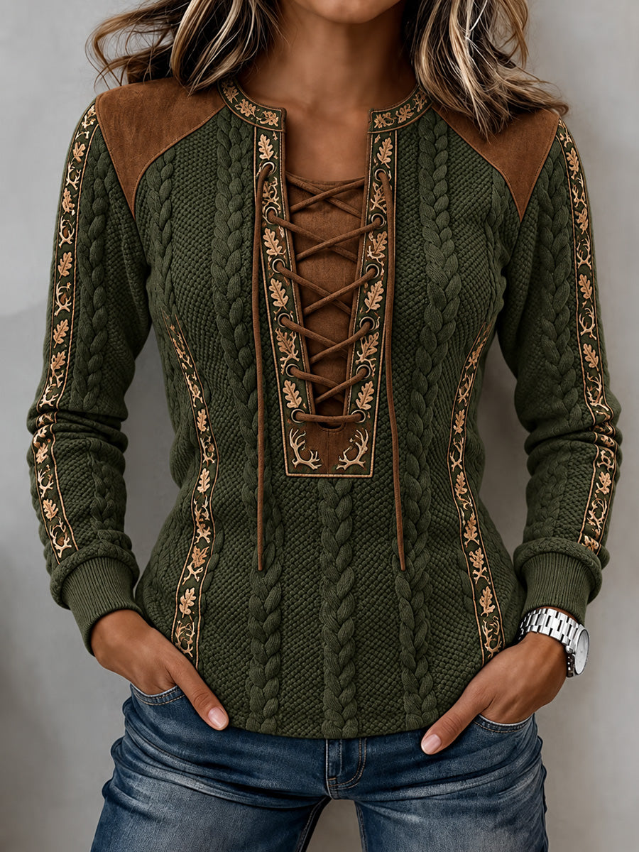 Women's Vintage Retro Hunting Culture Print Stitch-Detail Sweatshirt