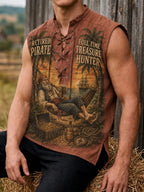 Retired Pirate “Full-Time Treasure Hunter” Tropical Island Vintage Lace-Up Sleeveless Shirt