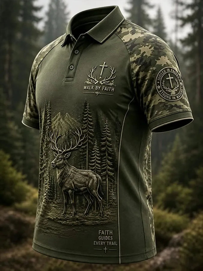 Men's Vintage Faith Traditional Reindeer Pattern Printed Short-Sleeve Polo Shirt