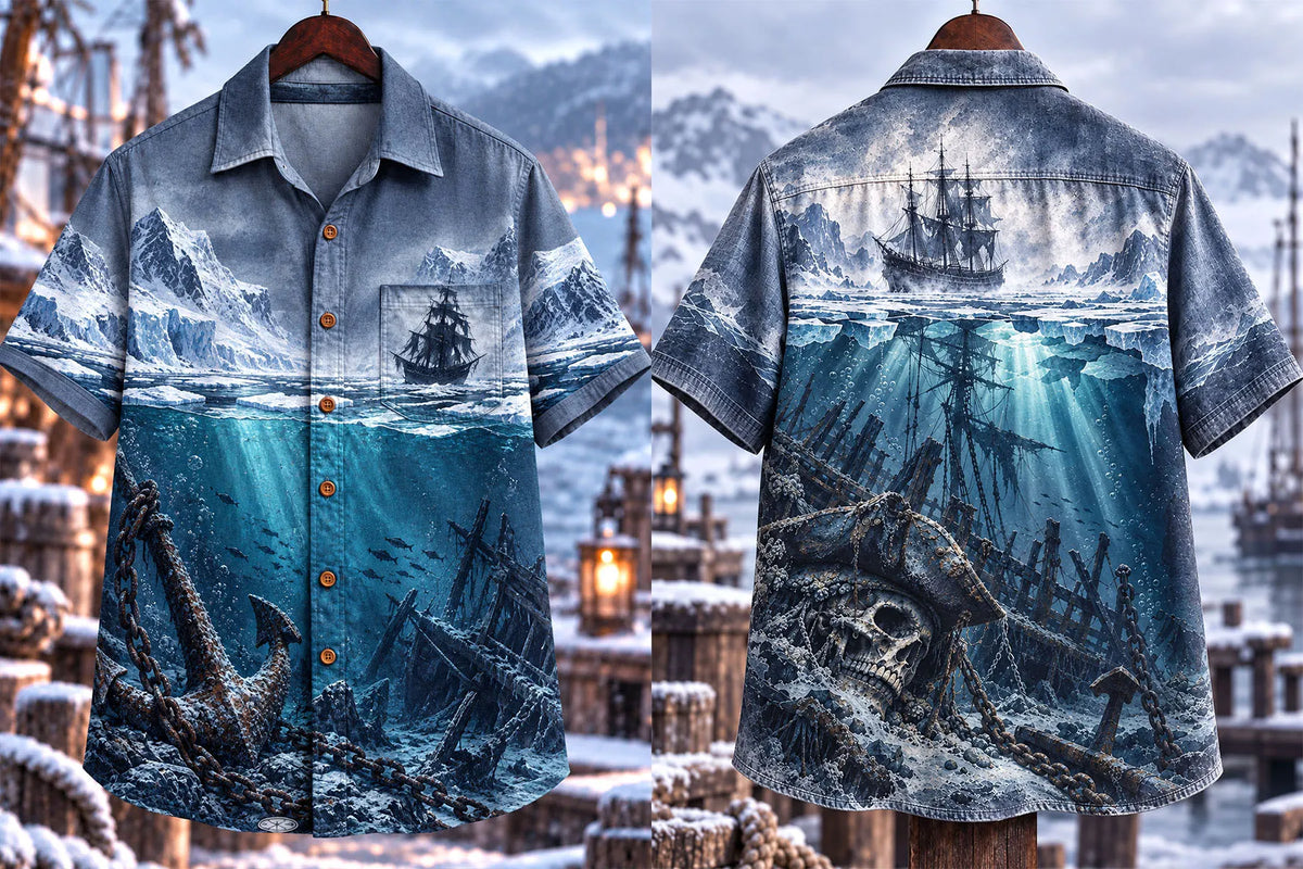 Men's Dark Arctic Ghost Ship & Pirate Skull Print Short Sleeve Shirt