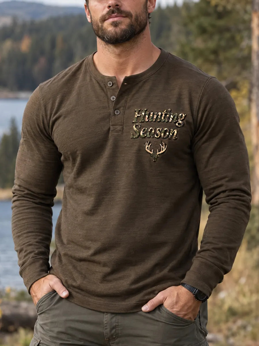 Men’s Retro Hunting Culture Print Casual Long Sleeve Henley Shirt