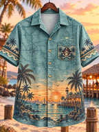 Tropical Island Sunset Pirate Skeleton Vacation Men’s Short Sleeve Shirt