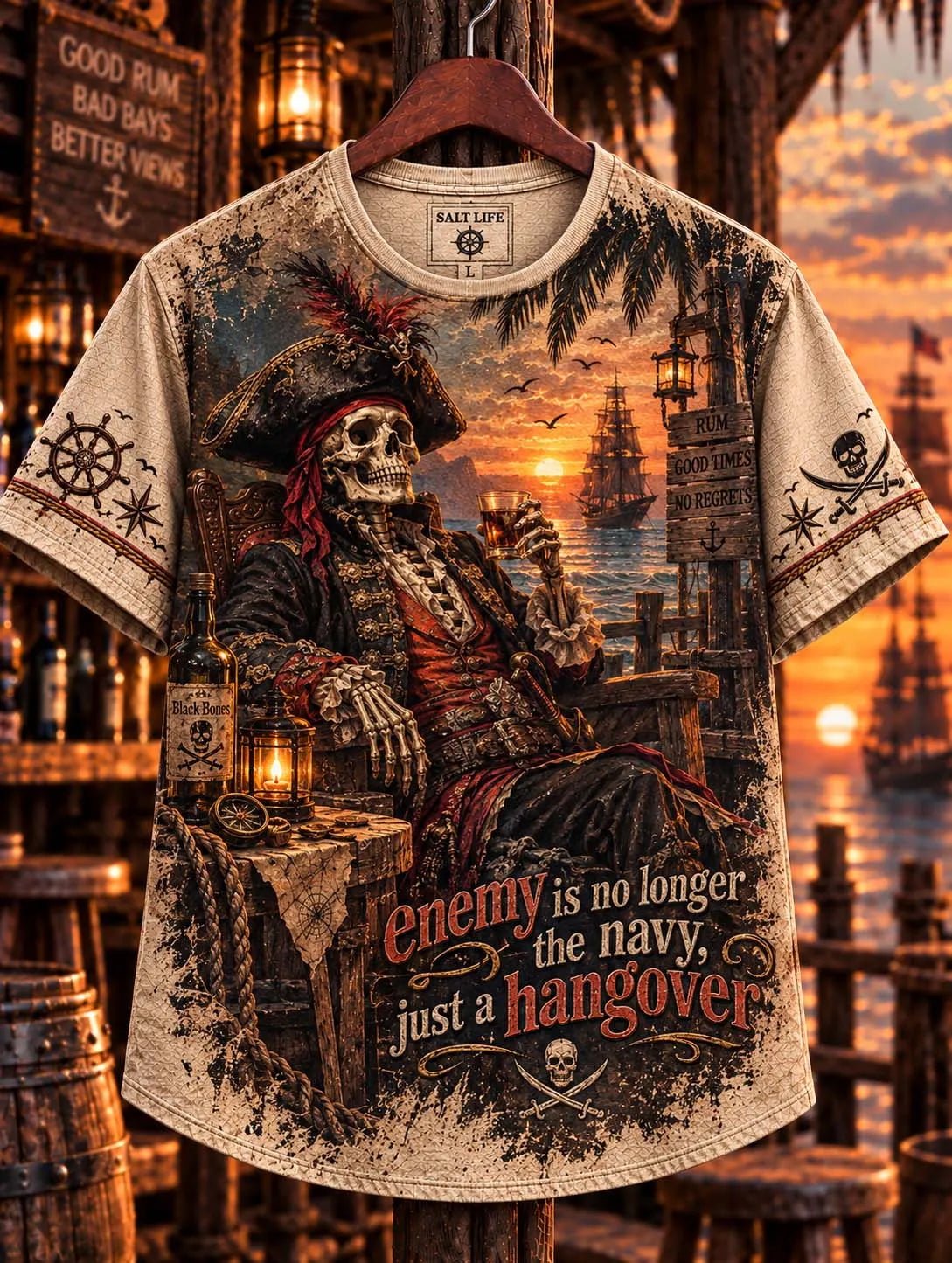 🏴‍☠️ 🥃 Enemy Is No Longer The Navy Just A Hangover 🦜 Skeleton Pirate Bar Sunset T-Shirt