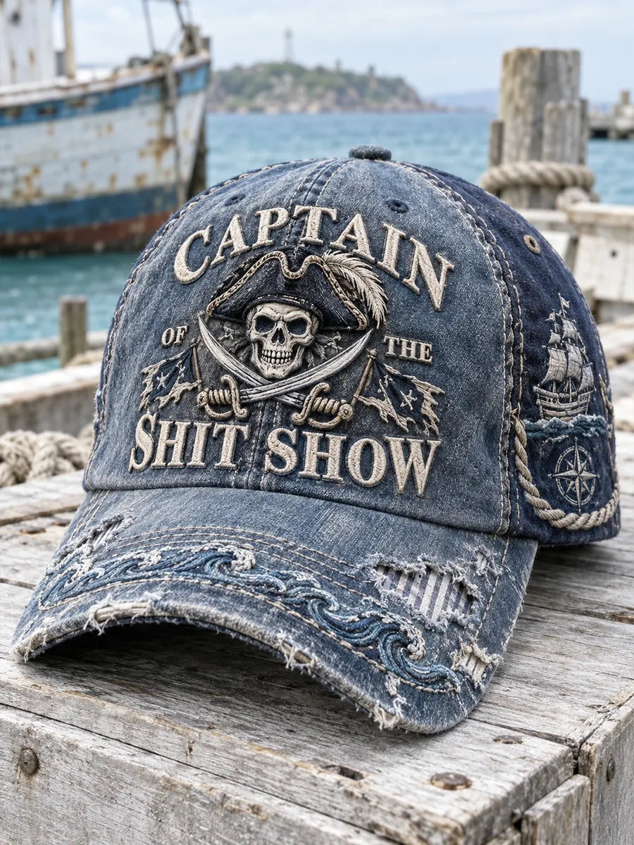 ⚓ Navy Blue "Captain" Pirate Emblem Distressed Baseball Hat
