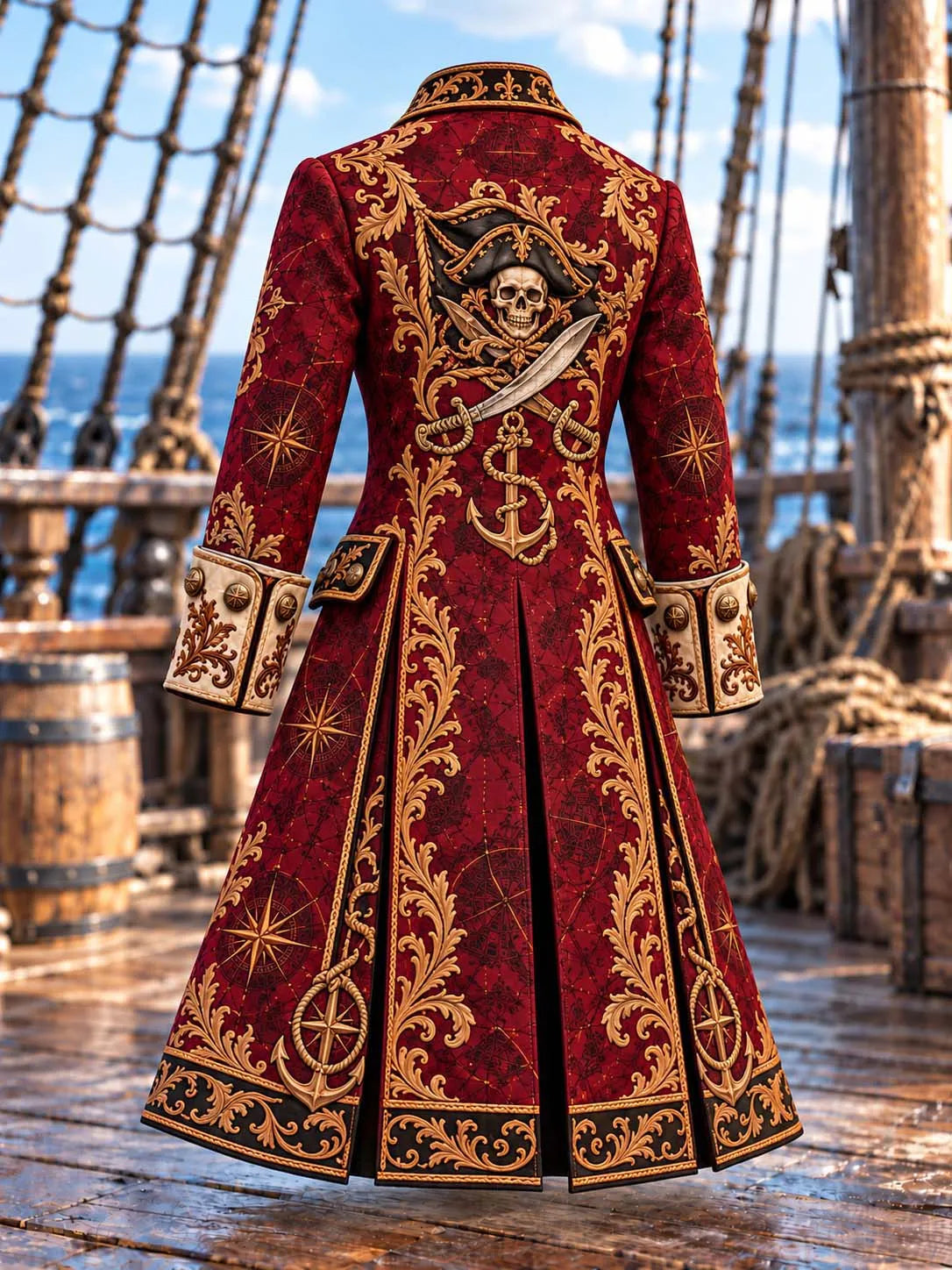 ⚓ Victorian Gold Scroll & Jolly Roger Crimson Pirate Coat