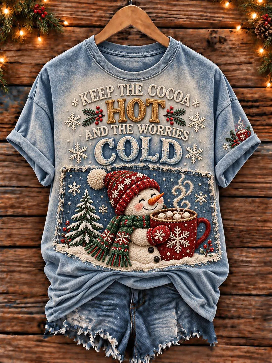 ☕ "Keep the Cocoa Hot and the Worries Cold" Blue Denim Patch Snowman T-Shirt