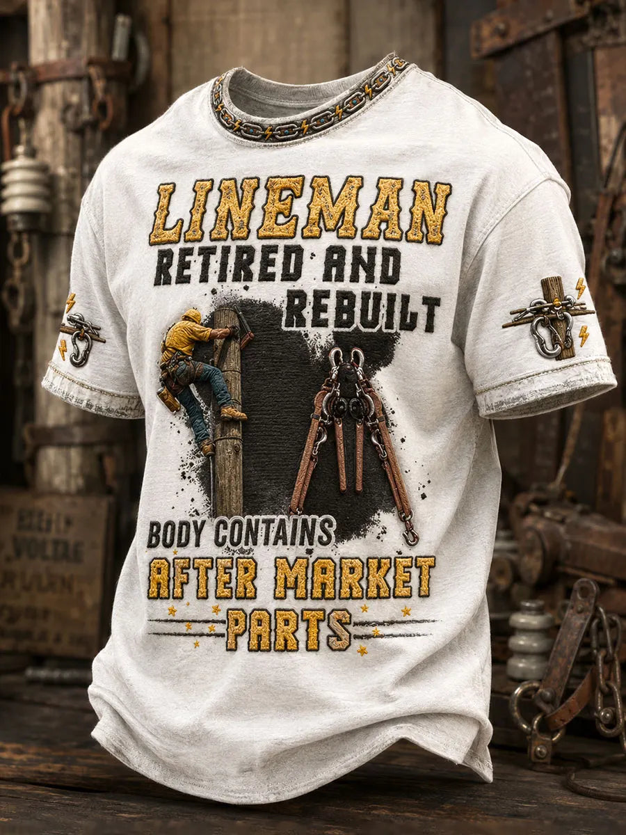 Men's "lineman retired and rebuilt body contains after market parts" T-shirts
