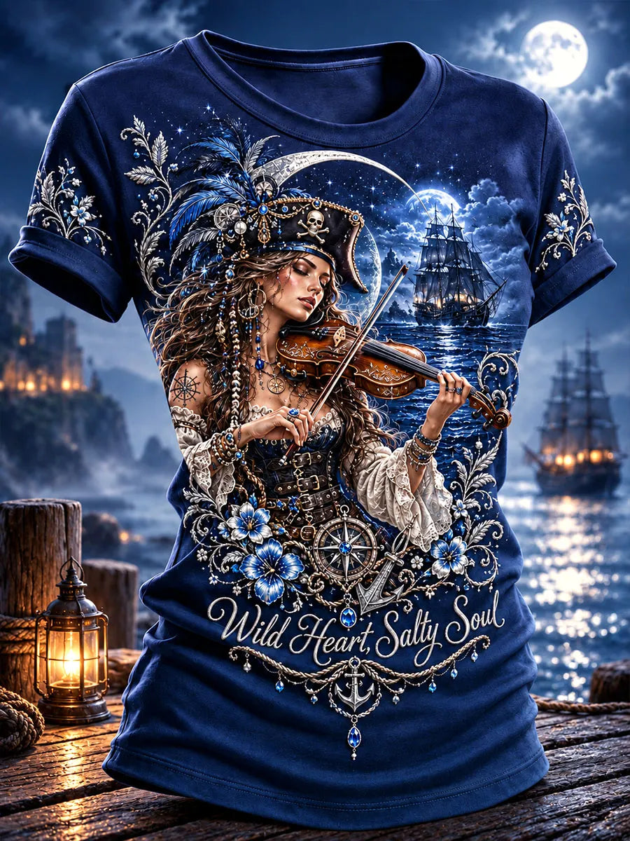 Moonlit Violin Pirate Woman Graphic T-Shirt