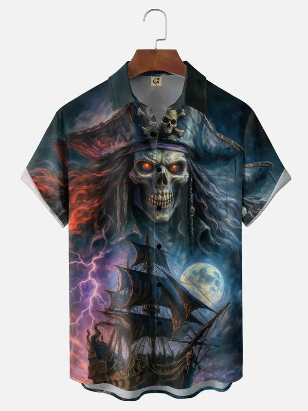 Moisture-wicking Ocean Pirate Ship Skull Pirate Chest Pocket Casual Shirt