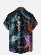 Moisture-wicking Ocean Pirate Ship Skull Pirate Chest Pocket Casual Shirt