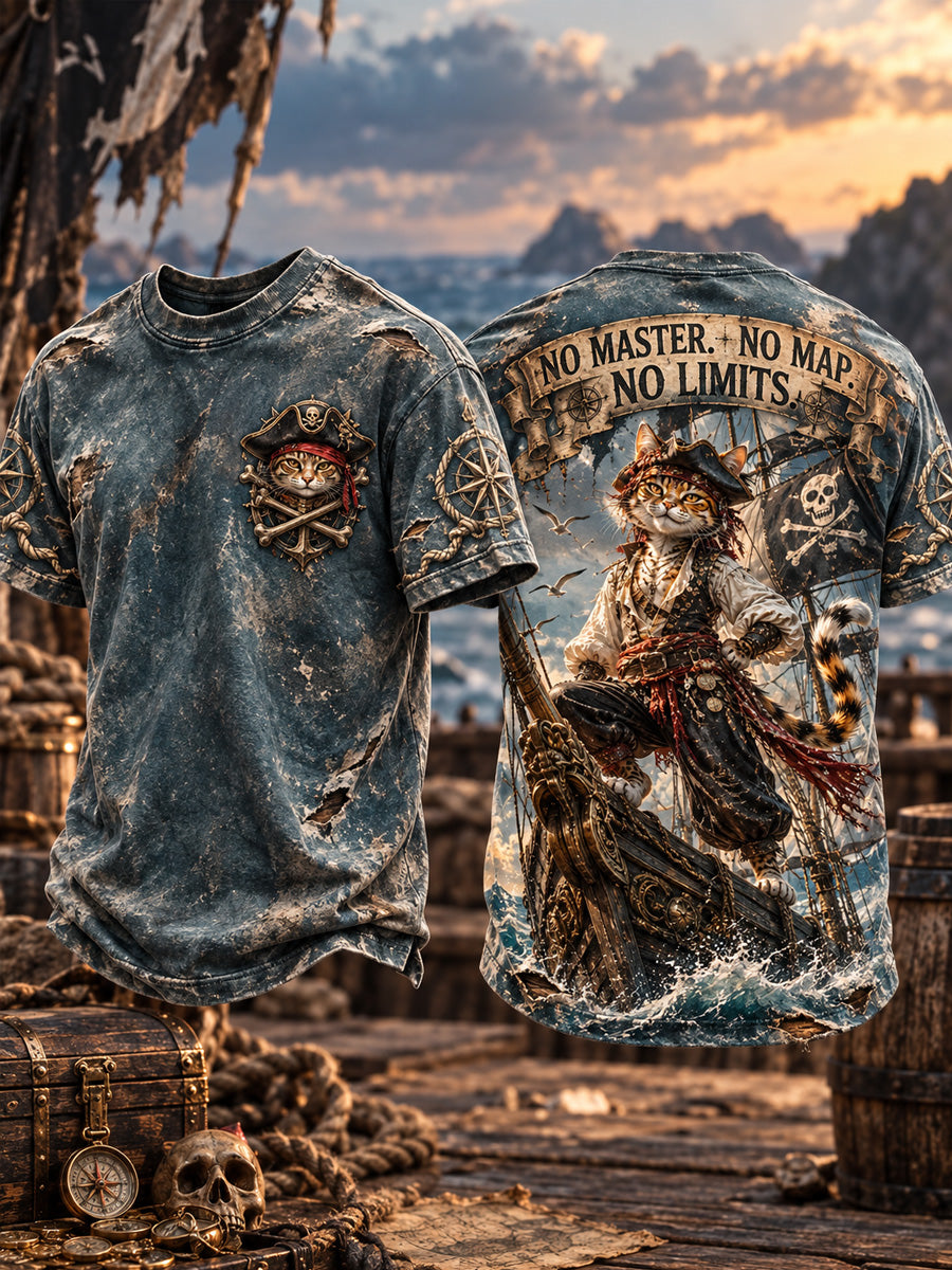 Men’s Retro Cat Pirate Art Printed T-Shirt