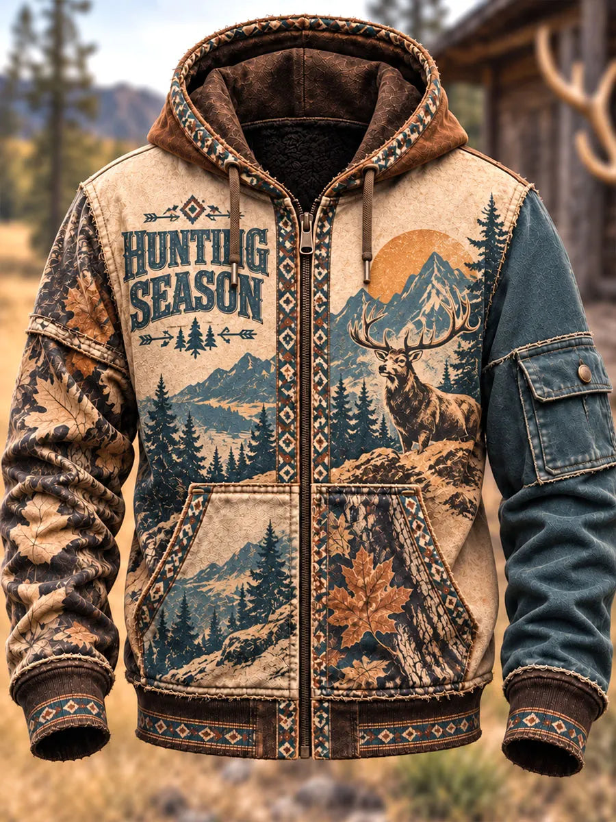 Men's Vintage Deer Mountain Forest Print Colorblock Zip-Up Hoodie