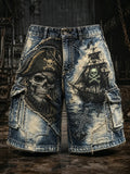 Men's Pirate Skull Crucifix Graphic Print Cargo Shorts