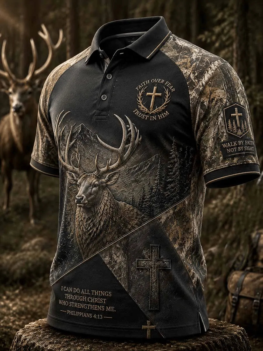 Men's Vintage Faith Traditional Reindeer Pattern Printed Short-Sleeve Top