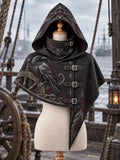 Dark Raven Hooded Cape – Gothic Raven & Ship's Wheel Pirate Cloak