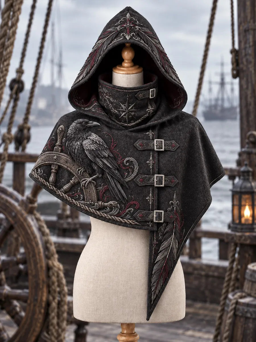 Dark Raven Hooded Cape – Gothic Raven & Ship's Wheel Pirate Cloak